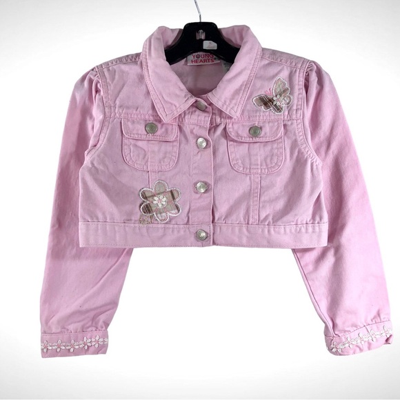 Young Hearts Cropped Pink Denim Jacket Flowers Butterflies Girls Size 6X! - Picture 1 of 6